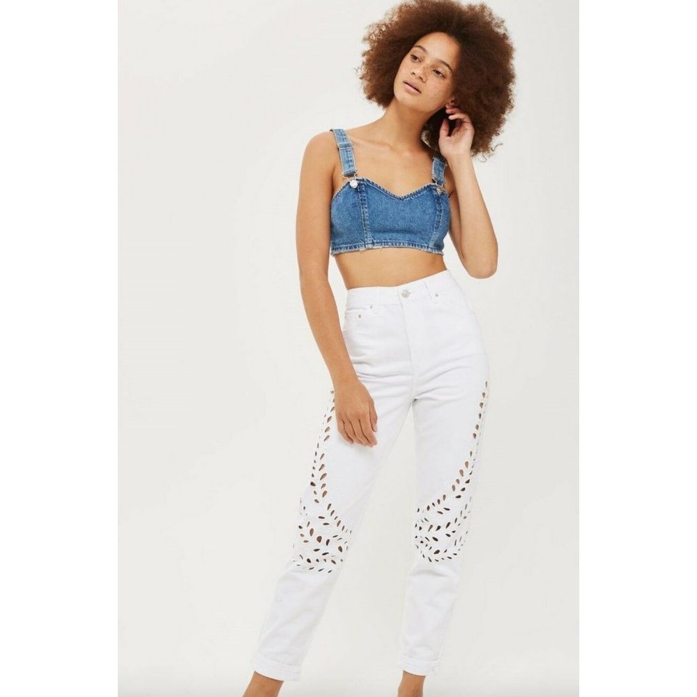 TOPSHOP Women's Moto MOM Jeans High Waist Floral Laser Cut White Sz: 26''x30''